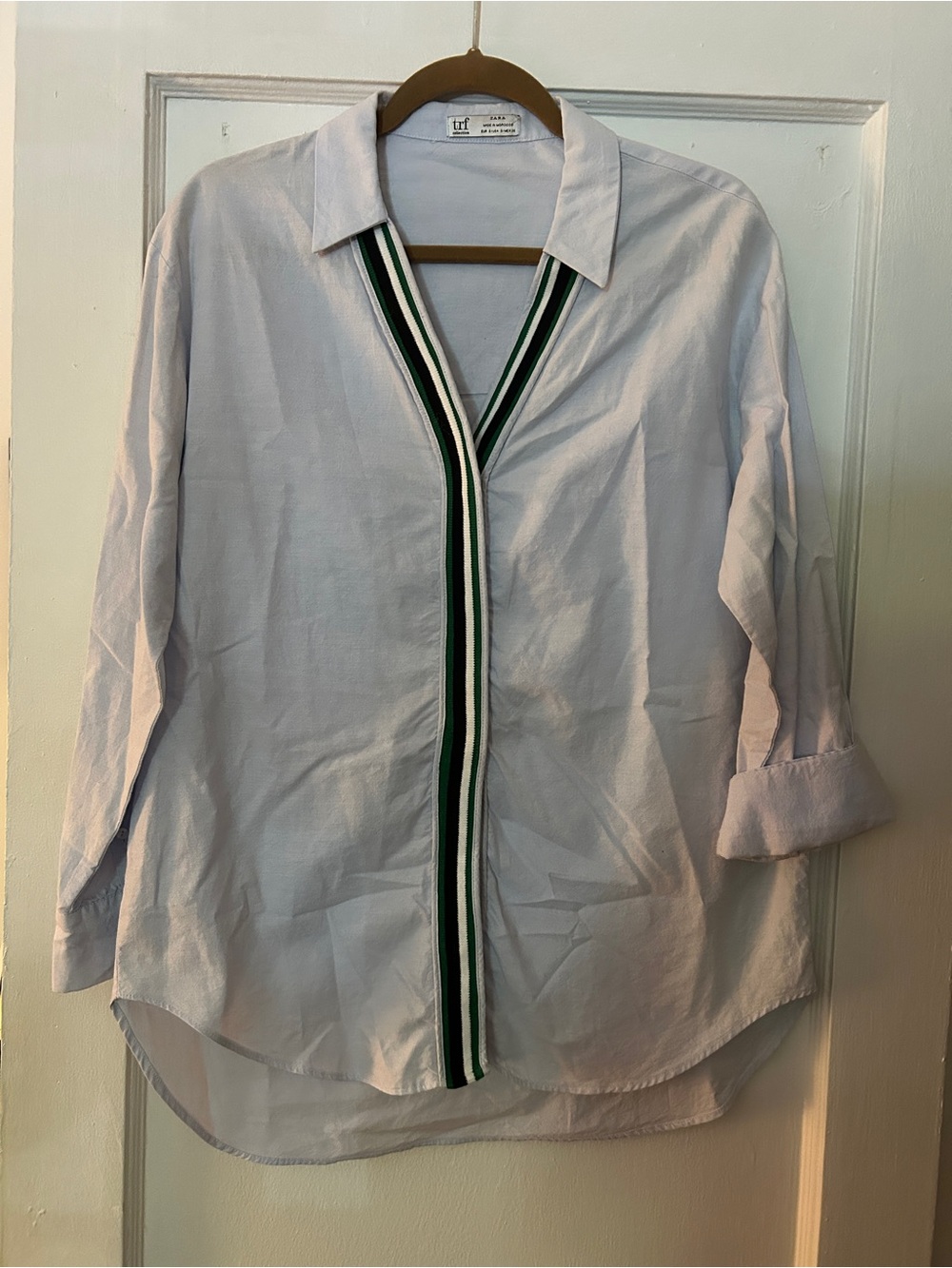 Zara Light Blue Button-Down Shirt with Green & Black Stripe Trim